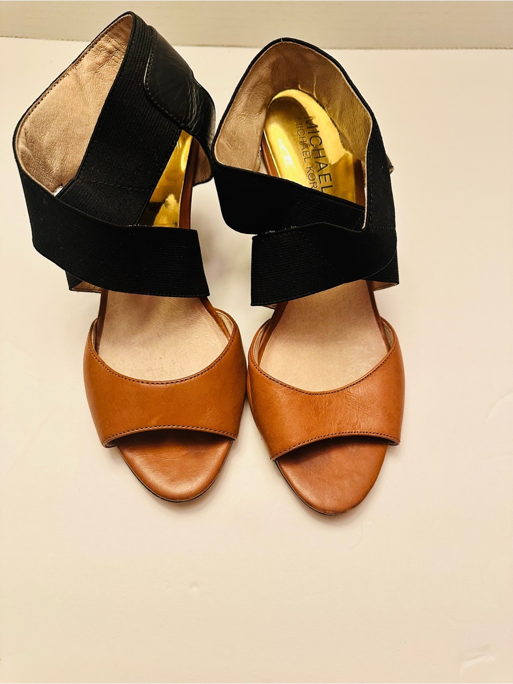 Michael Kors Tan Leather & Black Elastic Wedge Sandals